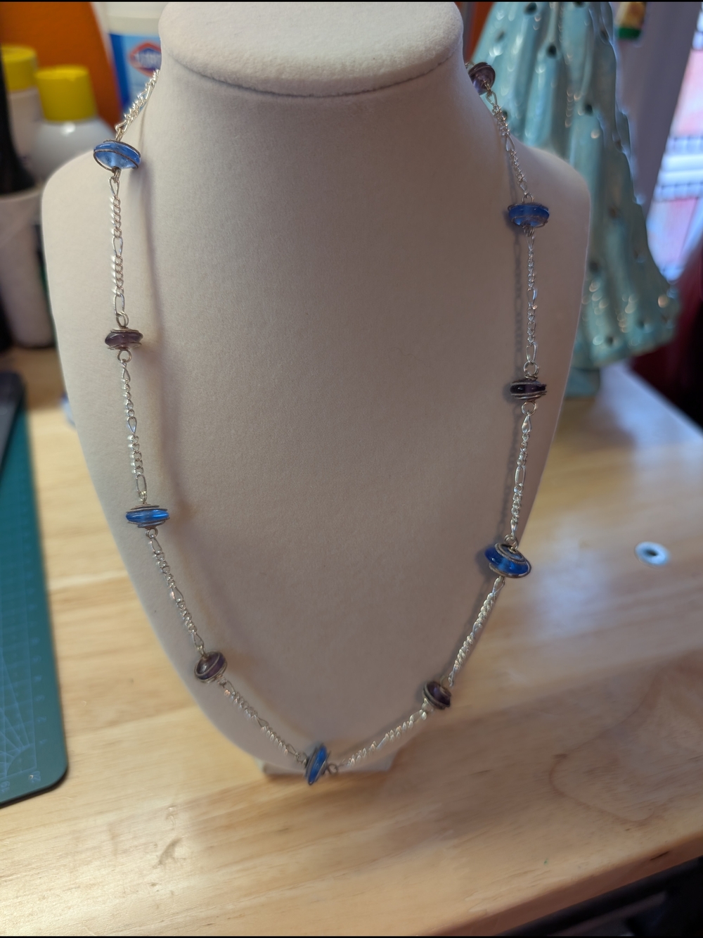 Silver Chain Necklace with Blue and Purple Glass Beads